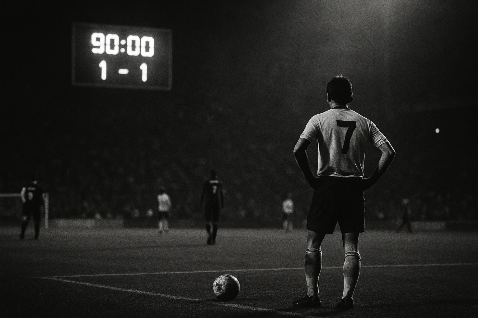 Grayscale editorial illustration: Extra Time Is Where Legends Get Cheap