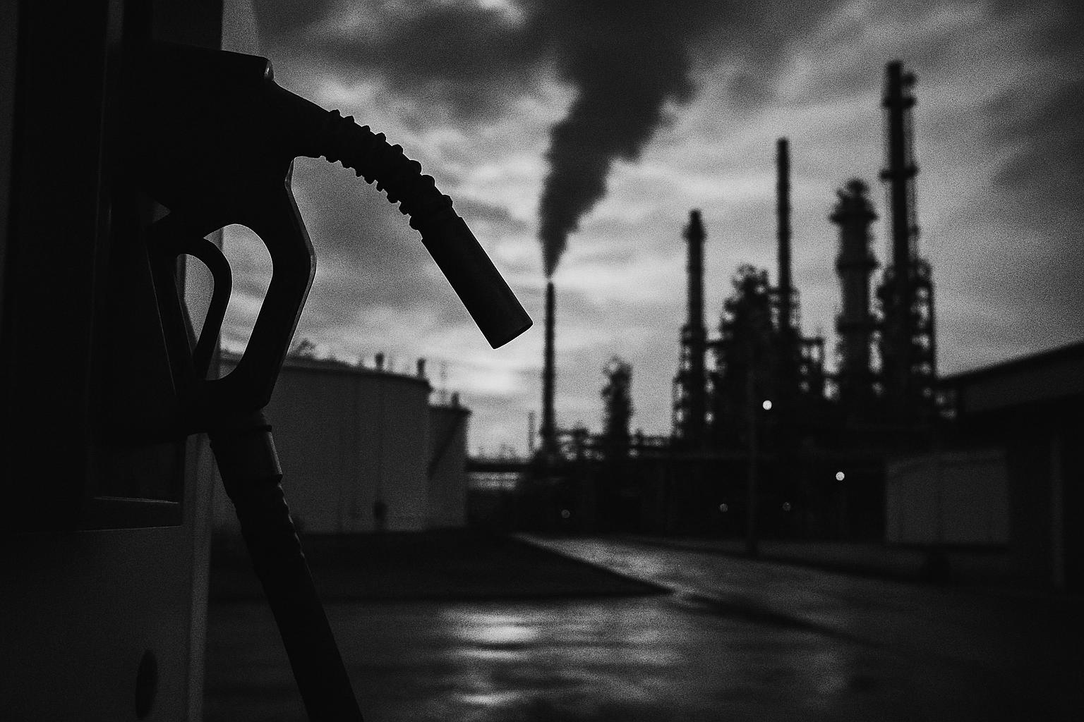 Grayscale editorial illustration: India Lifts Fuel Export Windfall Taxes, Refinery Arbitrage Flips Overnight