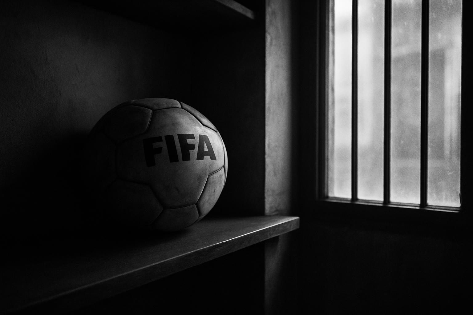 Grayscale editorial illustration: Infantino Shelves FIFA Rights Spinoff After Backlash, Calms Broadcaster Jitters