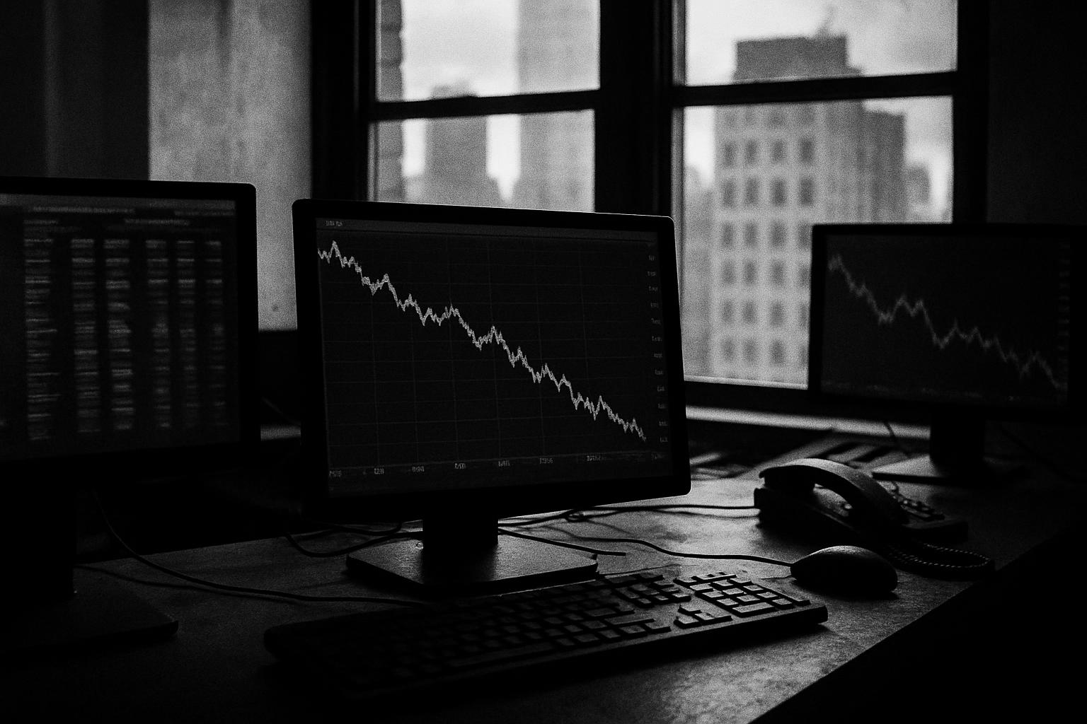 Grayscale editorial illustration: Markets Learned to Stop Worrying and Price the Chaos
