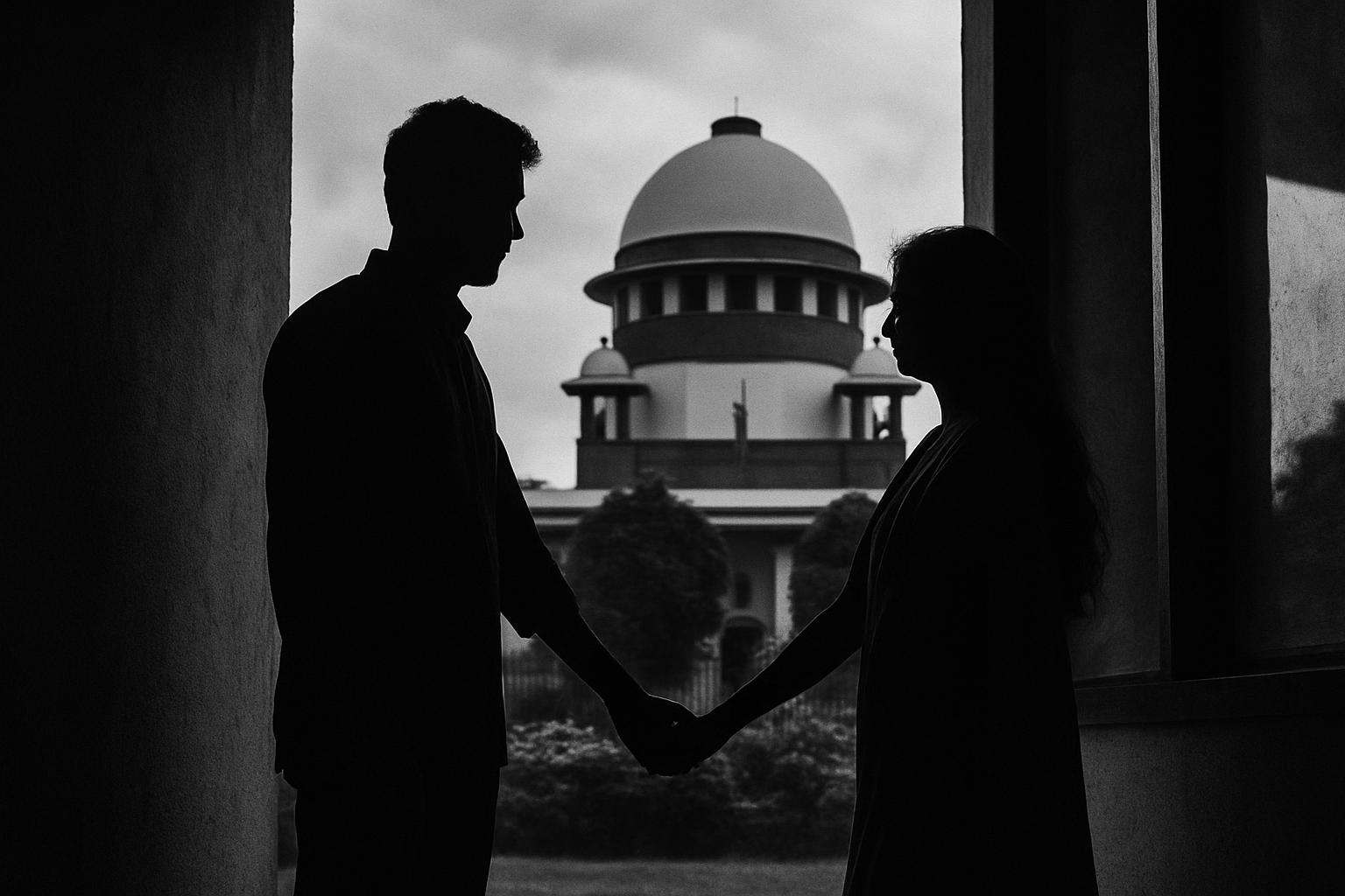 Grayscale editorial illustration: SC Brings Marriage Like Live In Relationships Under Section 498A
