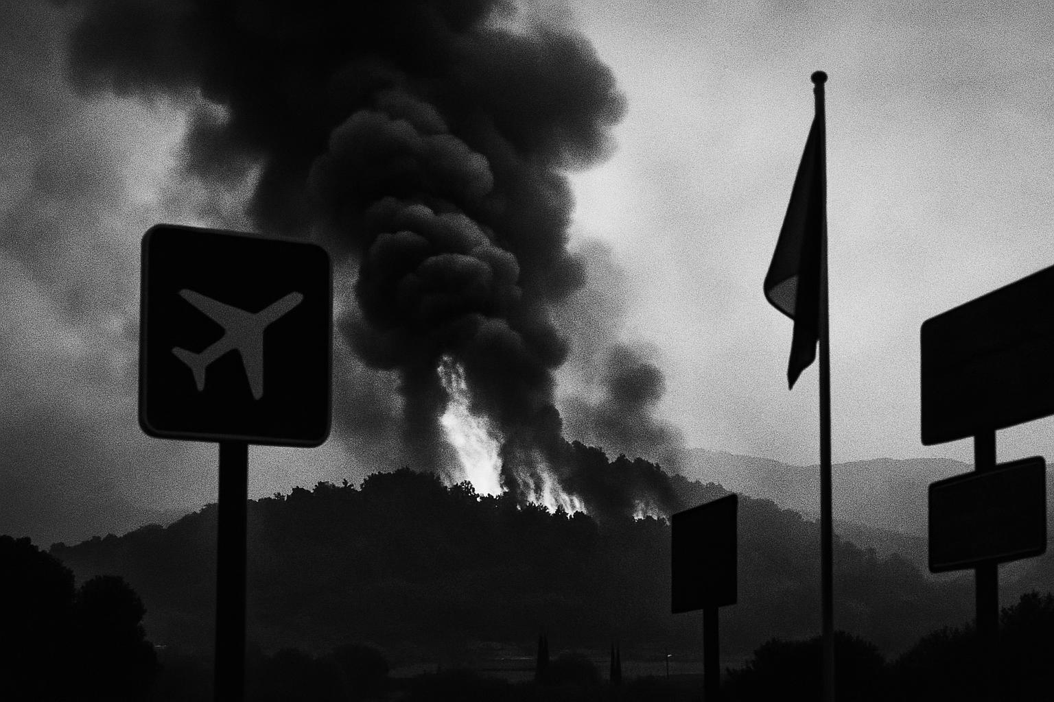 Grayscale editorial illustration: Wildfires In Crete Test Summer Travel Plans To Greece And Spain
